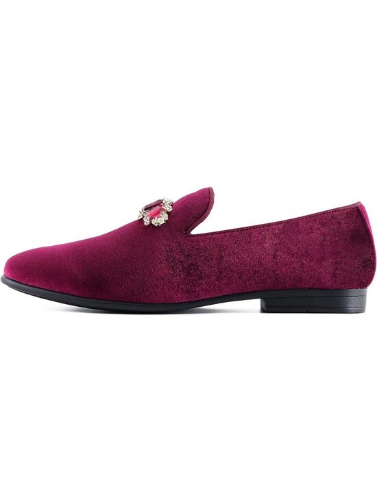 Amali Men\'s Burgundy Velvet Loafers With Jeweled Bit Slip On Tuxedo Formal Shoes